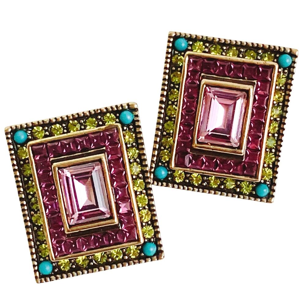 VTG Signed Heidi Daus Pink Crystal Art Deco Revival Clip On Earrings Rectangle